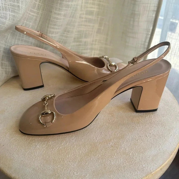 New Gucci Nude Patent Leather Slingback Block Heel, Lady Tan Horsebit Size 8 US - Picture 9 of 13